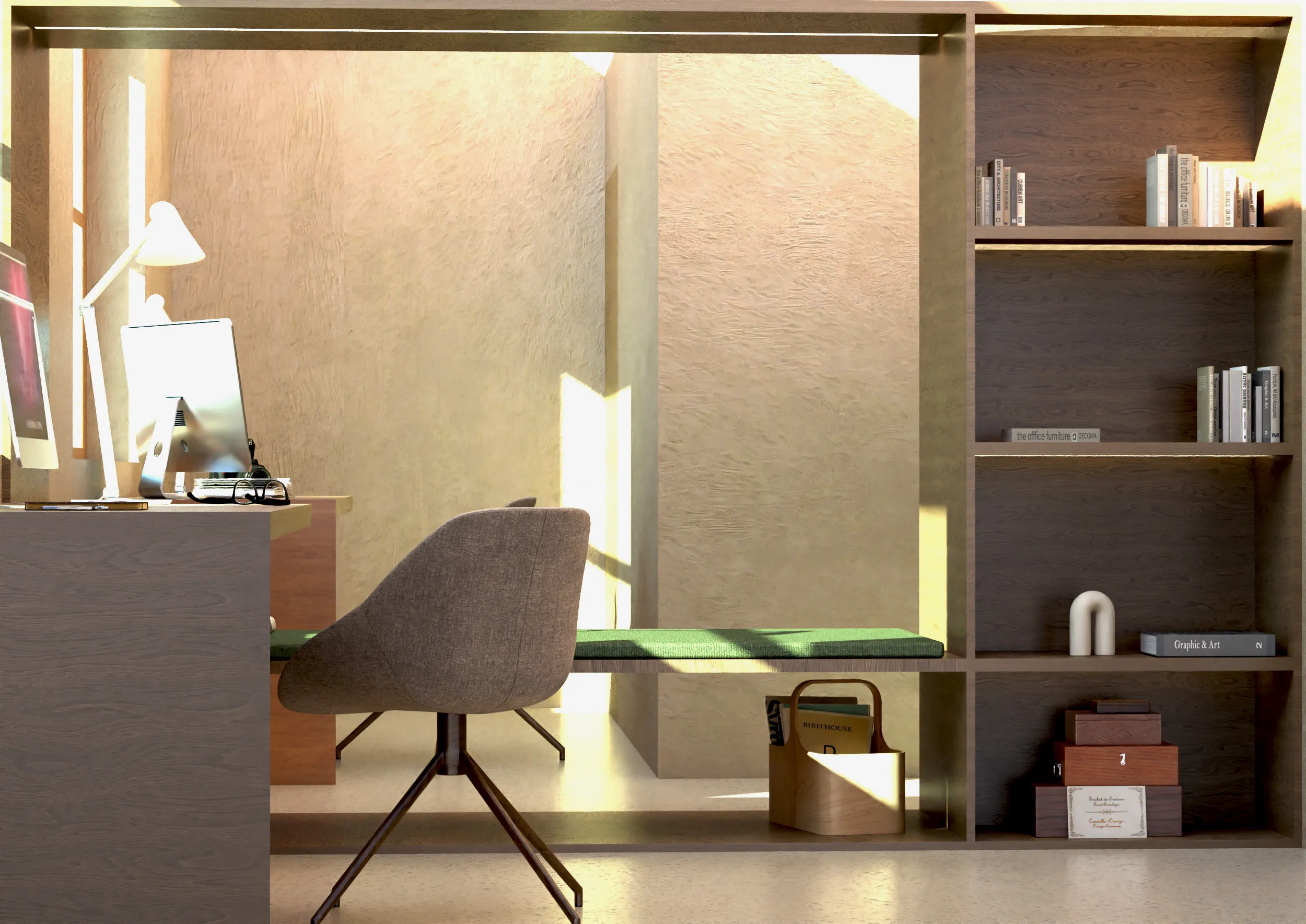 Office desk setup with shelving